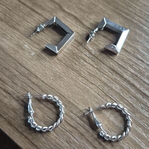 ♡♡♡ 2 Pair Silver Geometric Twisted Hoop Earrings  | Stocking Stuffers 202